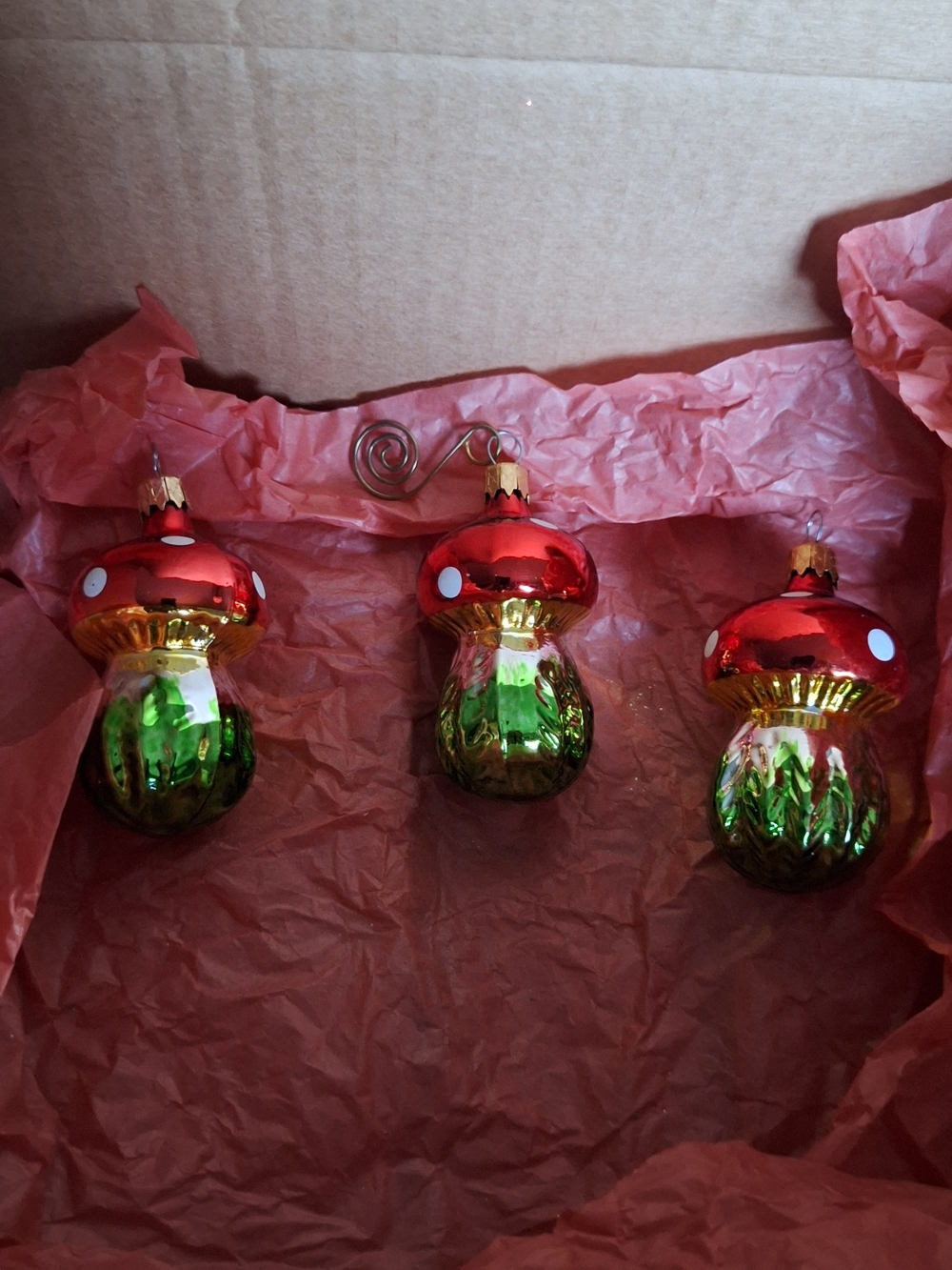 Holiday Mushroom Glass Ornaments - Red and Green (Set of 3)